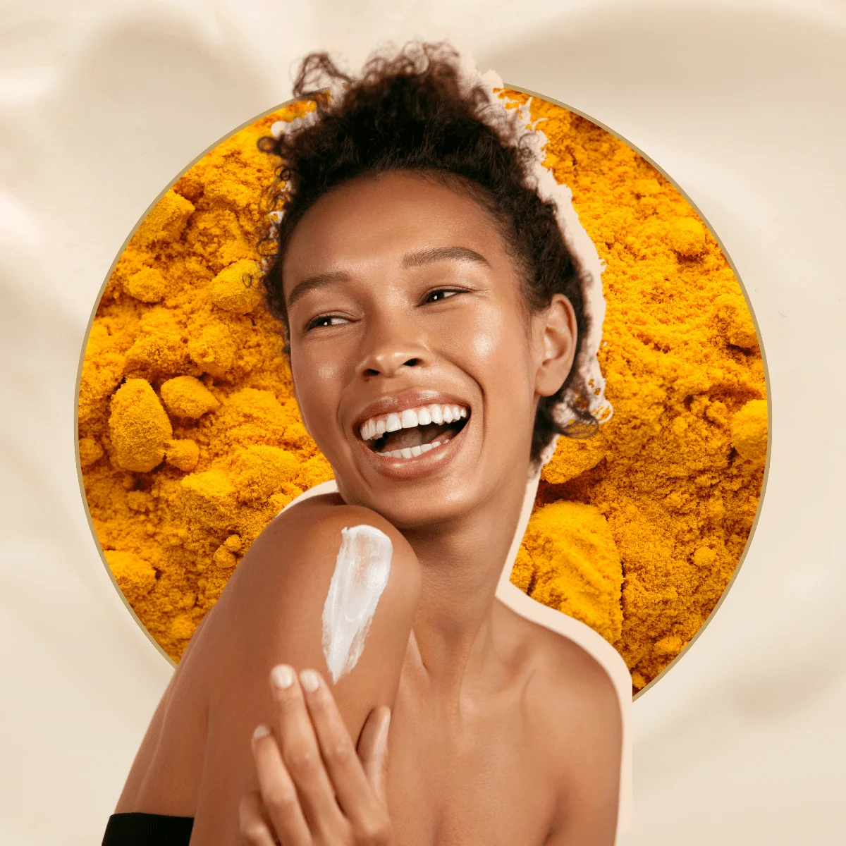 Body skin care. Smiling black woman applying body cream portrait. DIY Turmeric Body Butter Recipes