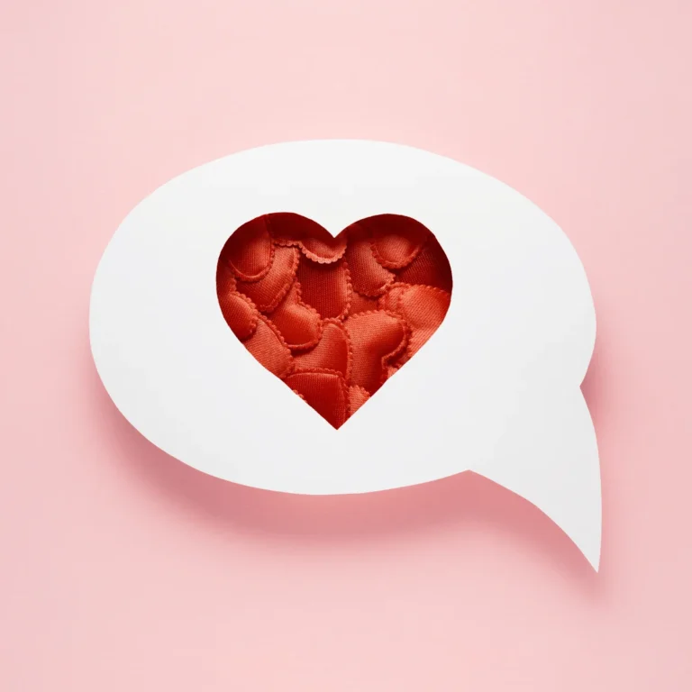 Small red cushion hearts inside a white speech bubble. Background is plain pink