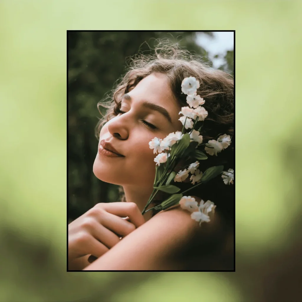 Woman with flowers near her face with closed eyes in nature. Awesome Journal Prompts For Self Love