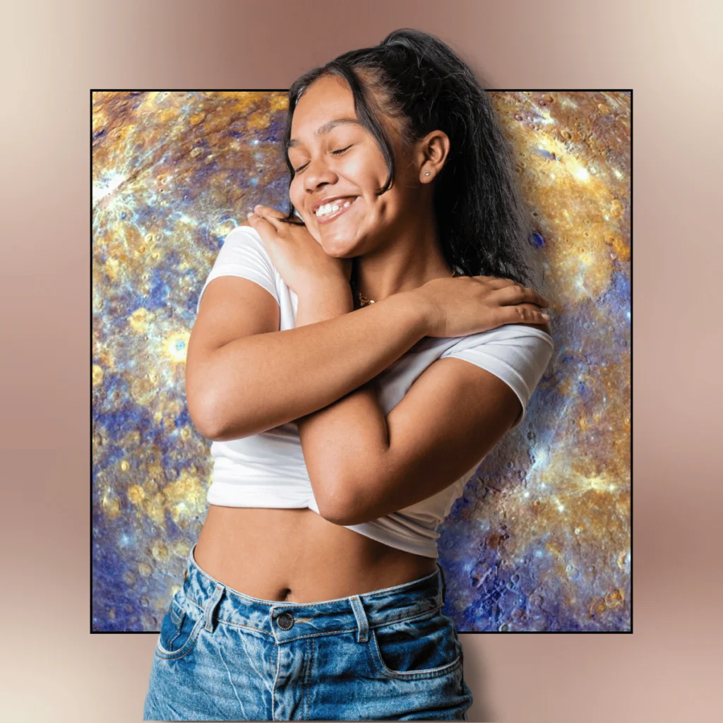 Young woman smiling and hugging herself concept of self love. Illustration of affirmations of gratitude