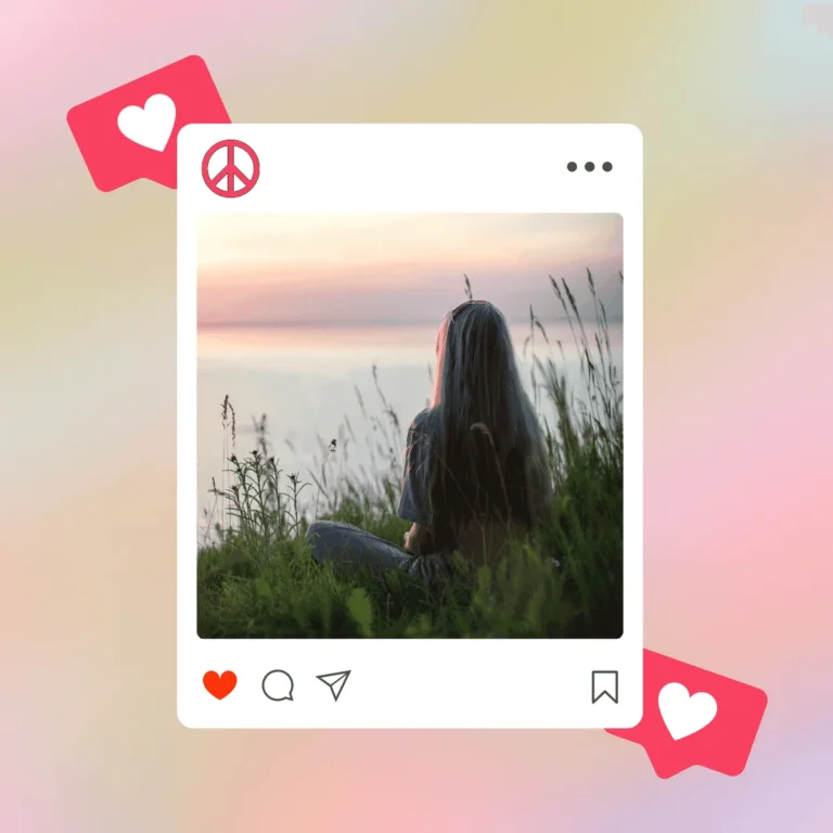 Woman Sitting on Grass During Sunset .Image is inside a Instagram post frame.Illustrating Peaceful captions for Instagram